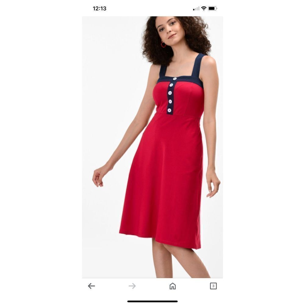 STAUD tomato red/blue straps w/ buttons dress knit S pinup retro